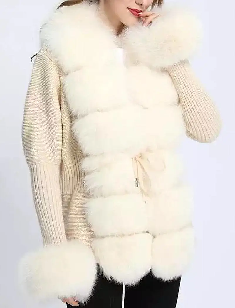 Beige Detachable Fox Fur Trimmed Ribbed Knit Sweater