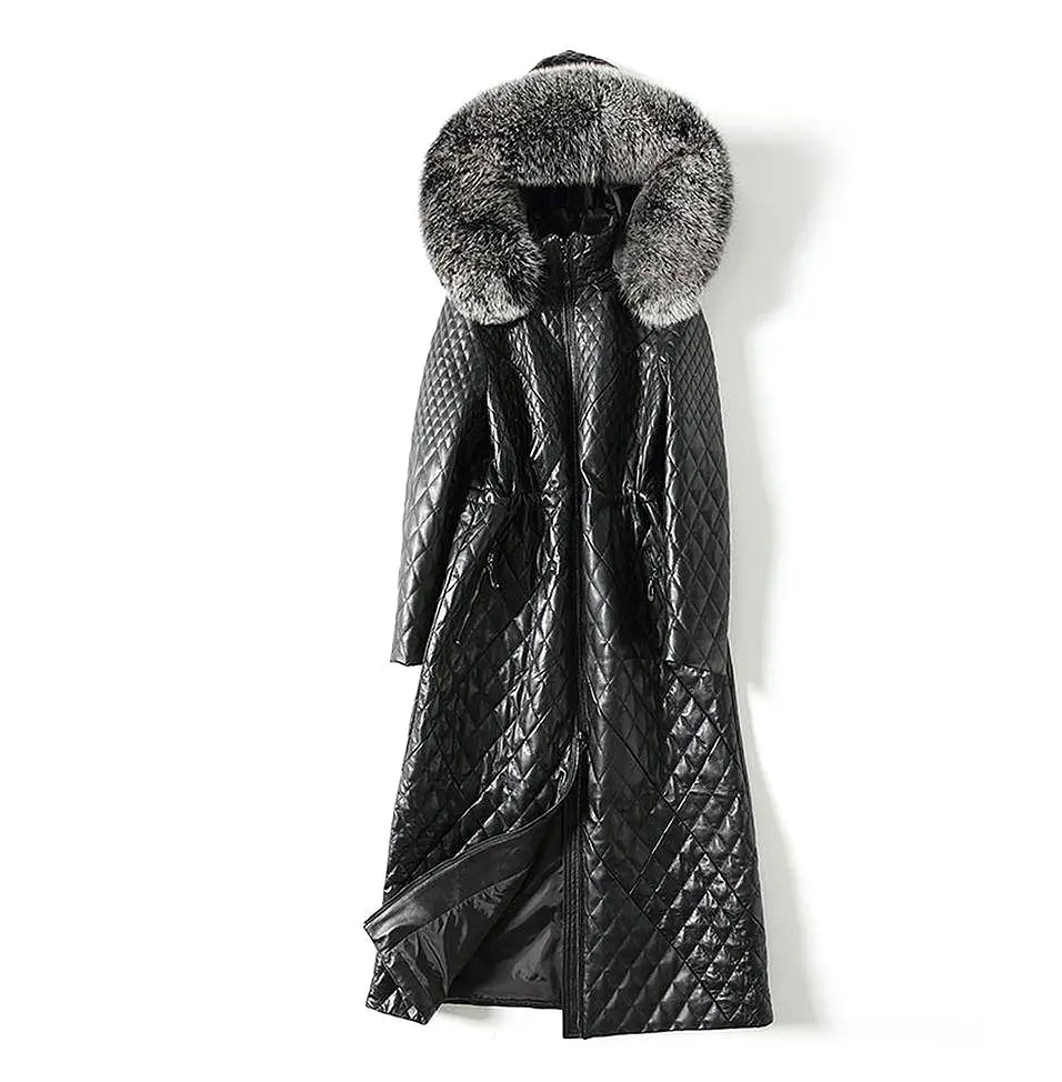 Black Long Leather Coat With Fox Fur Hoodie