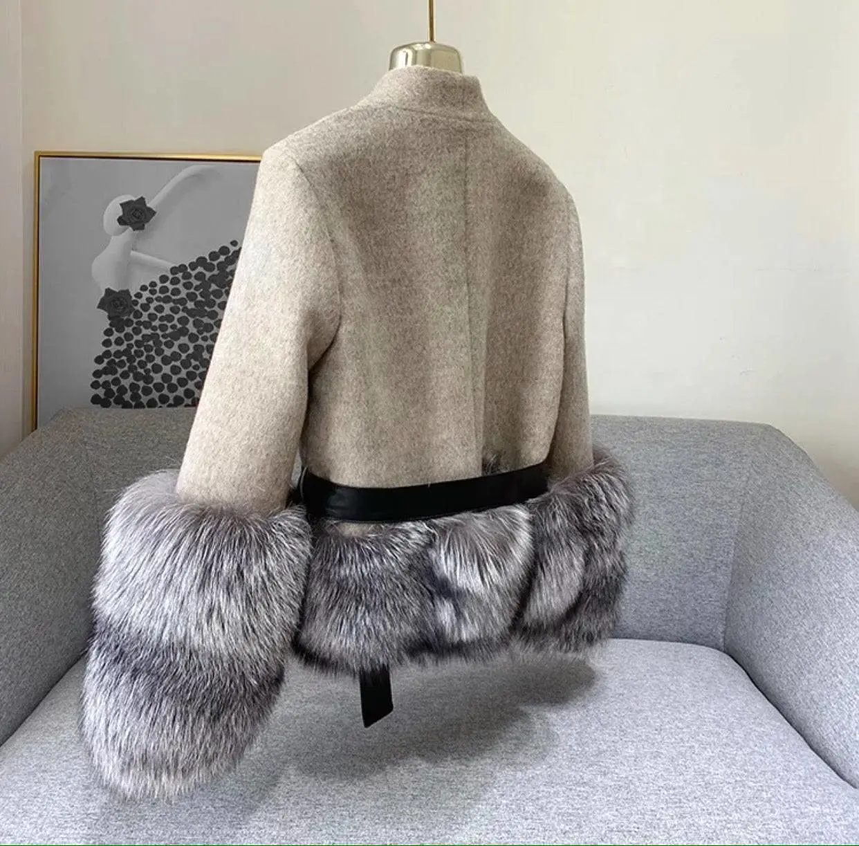 Cashmere Jacket with Dusty Black Fox Fur Trim Leather Waist Tie