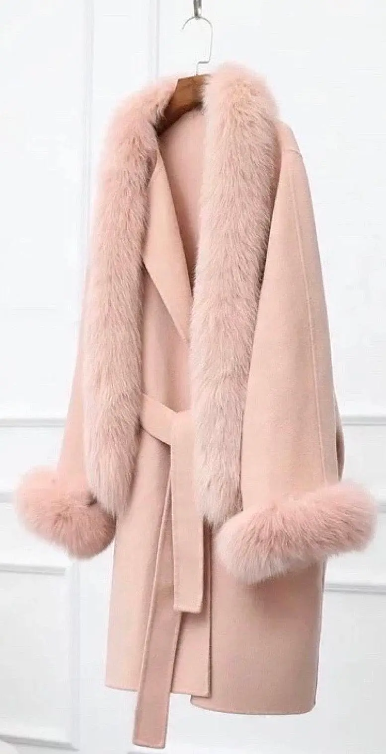 Cashmere Wool Removable Fox Fur Collar Belted Coat