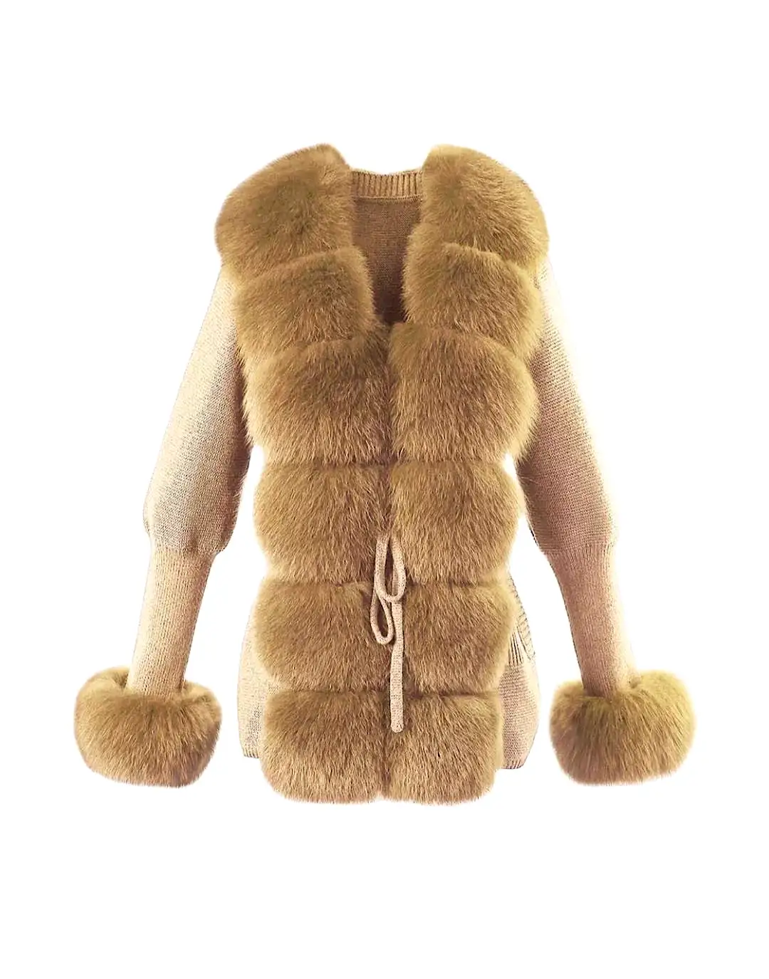 Detachable Fox Fur Trim Rib Knit Sweater