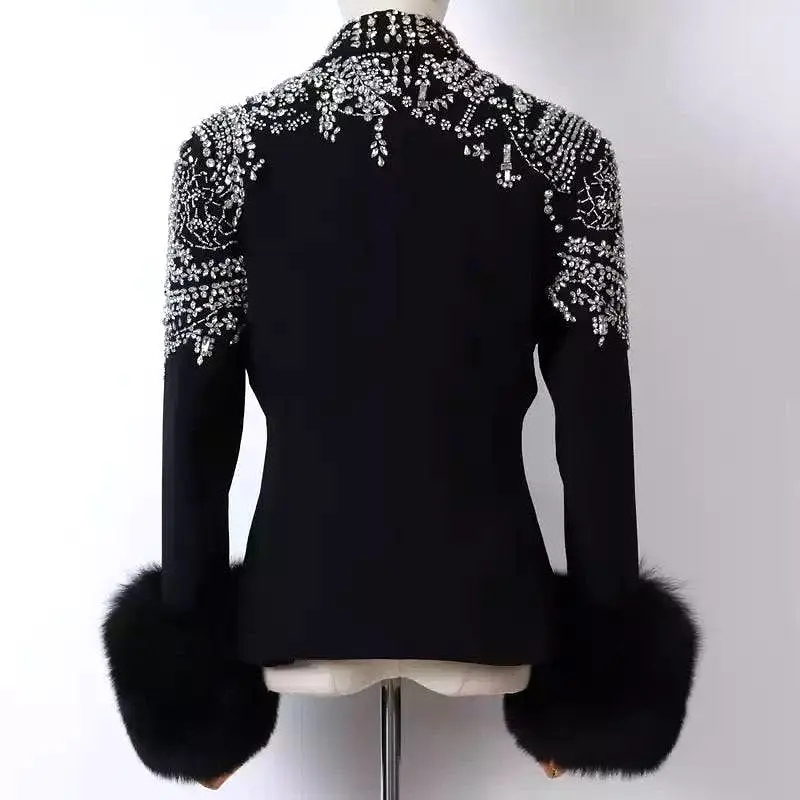 Fox Sleeve Crystal Decorated Black Blazer