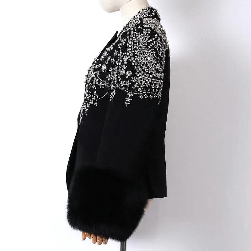 Fox Sleeve Crystal Decorated Black Blazer