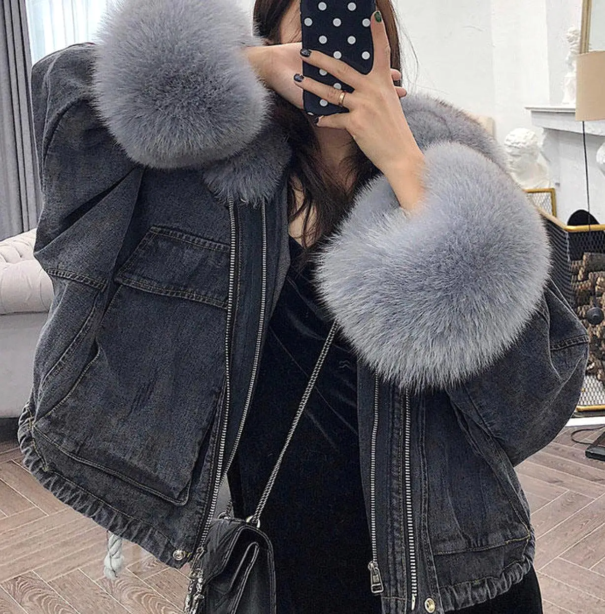 Genuine Fox Fur Trimmed Denim Jackets