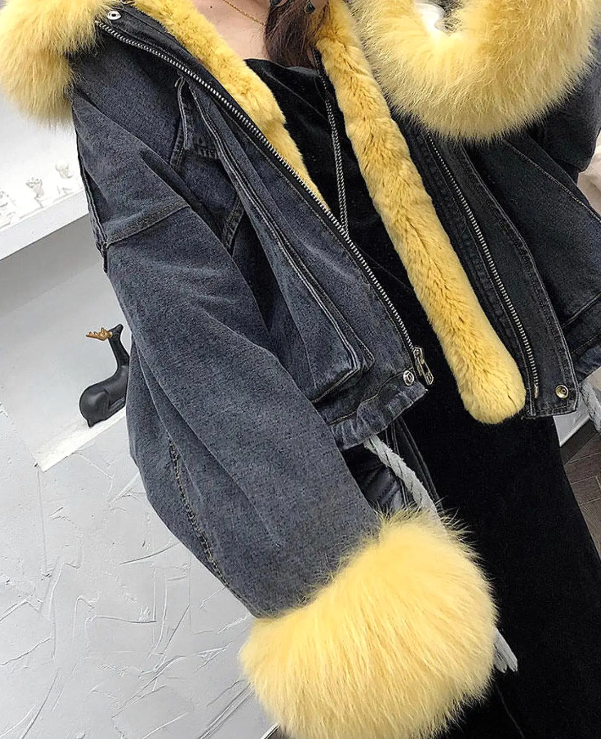 Genuine Fox Fur Trimmed Denim Jackets