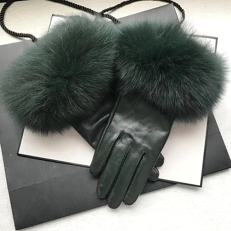 Genuine Fox Fur Trimmed Sheepskin Leather Gloves