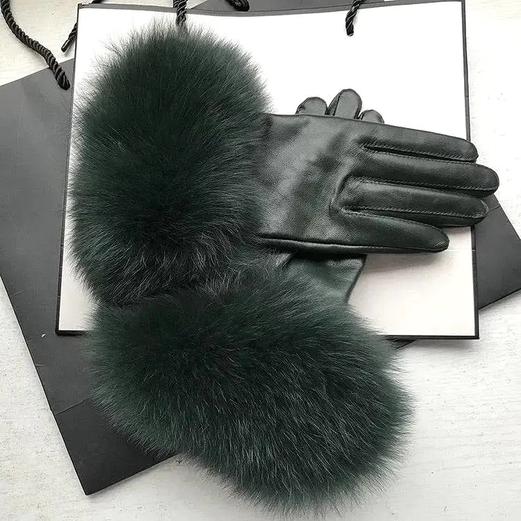 Genuine Fox Fur Trimmed Sheepskin Leather Gloves