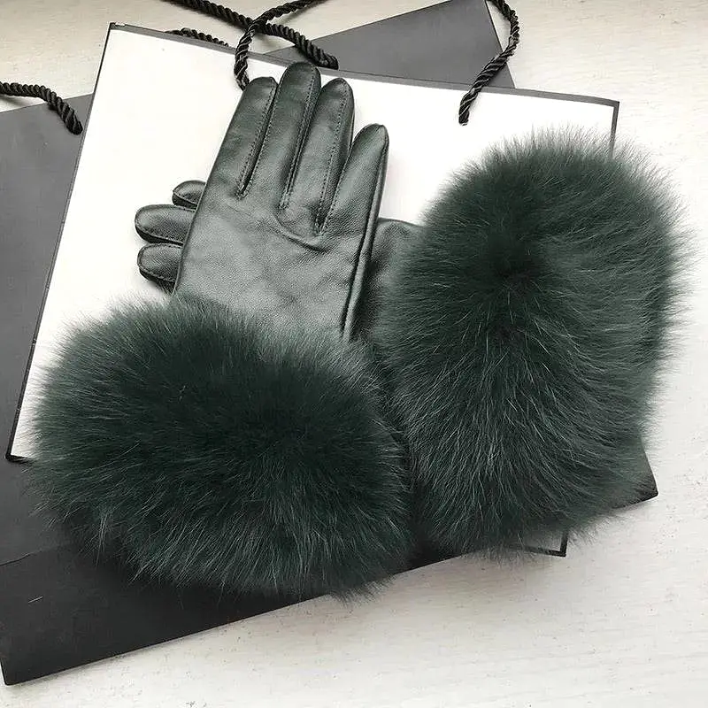 Genuine Fox Fur Trimmed Sheepskin Leather Gloves