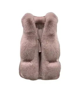 Genuine Striped Paneled Fox Fur Vest Gilet In Dusty Pink