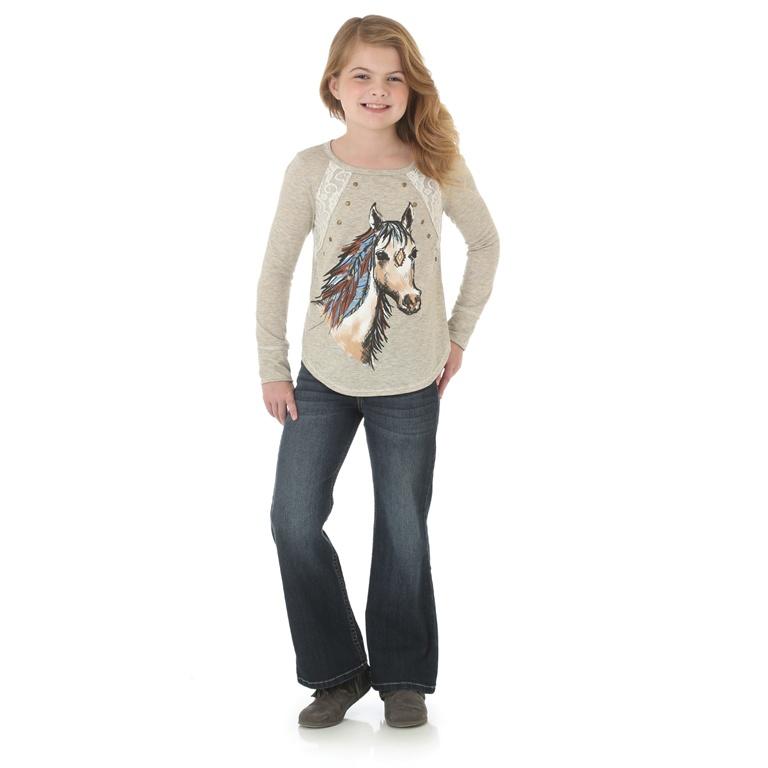 Girl's Wrangler Horse Graphic Top Lace Insets L/S Shirt