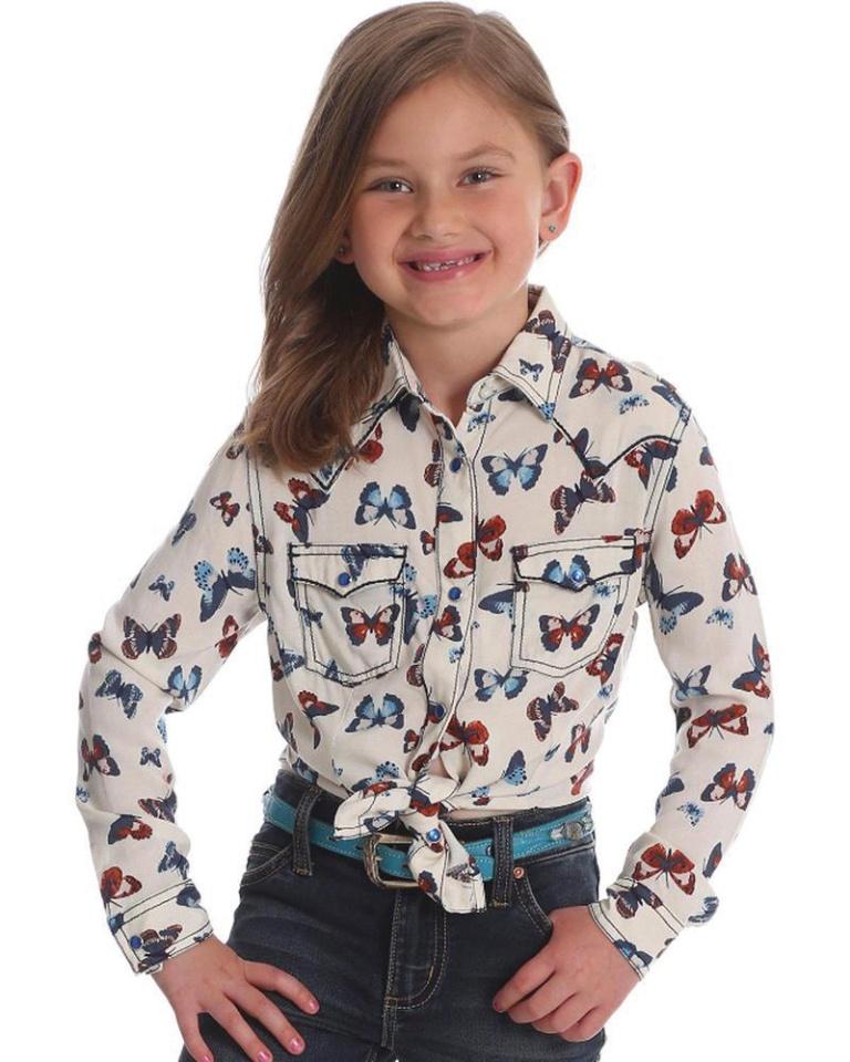 Girl's Wrangler White Butterfly Print Snap Shirt