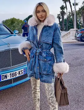 Goose Down Denim Coat With Fox Fur Trims