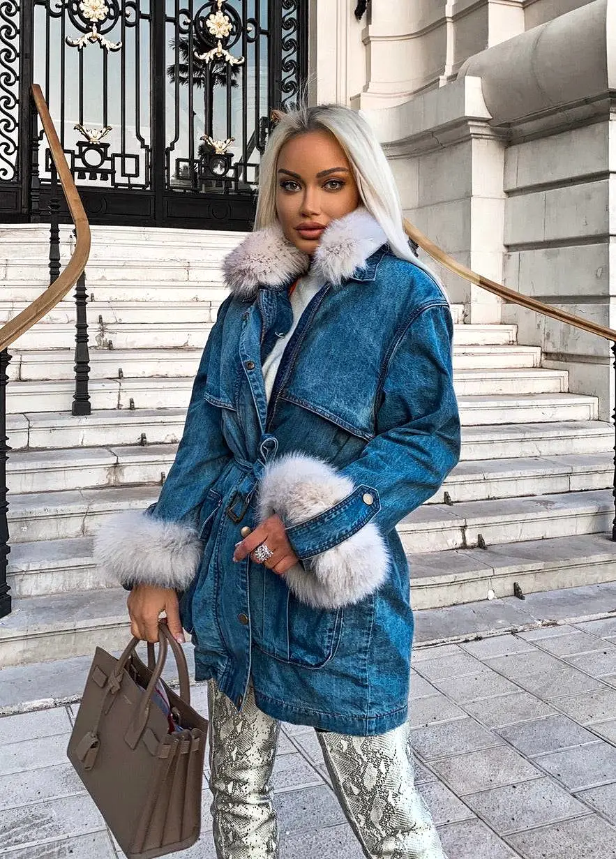 Goose Down Denim Coat With Fox Fur Trims