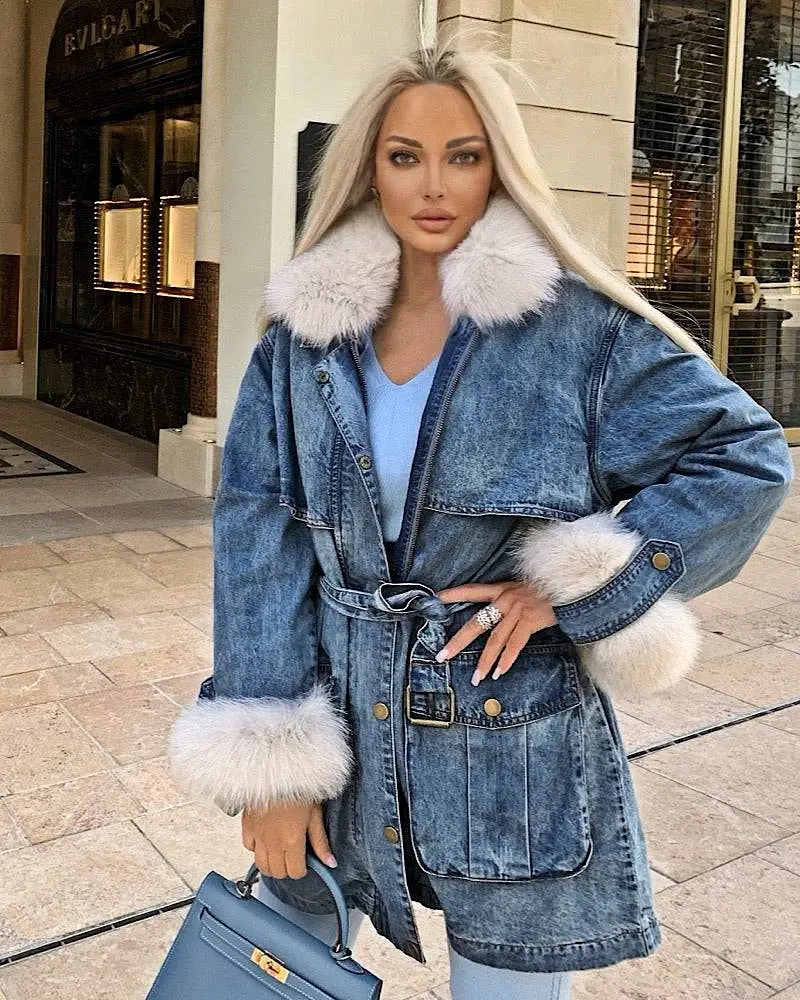 Goose Down Denim Coat With Fox Fur Trims