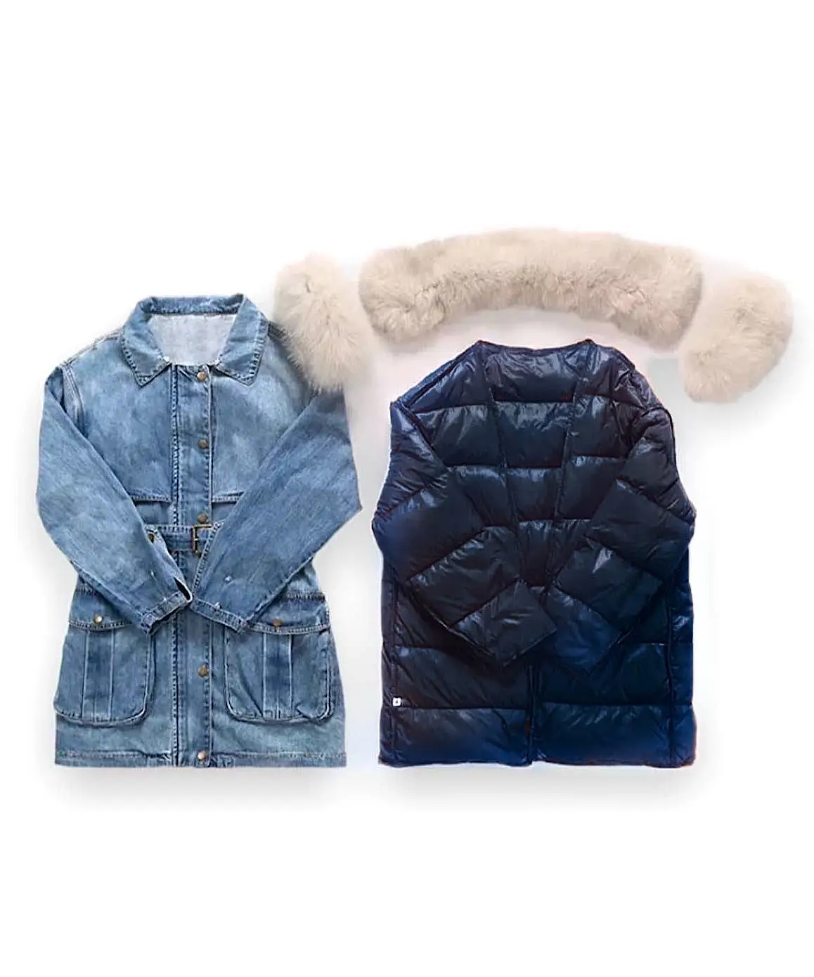 Goose Down Denim Coat With Fox Fur Trims