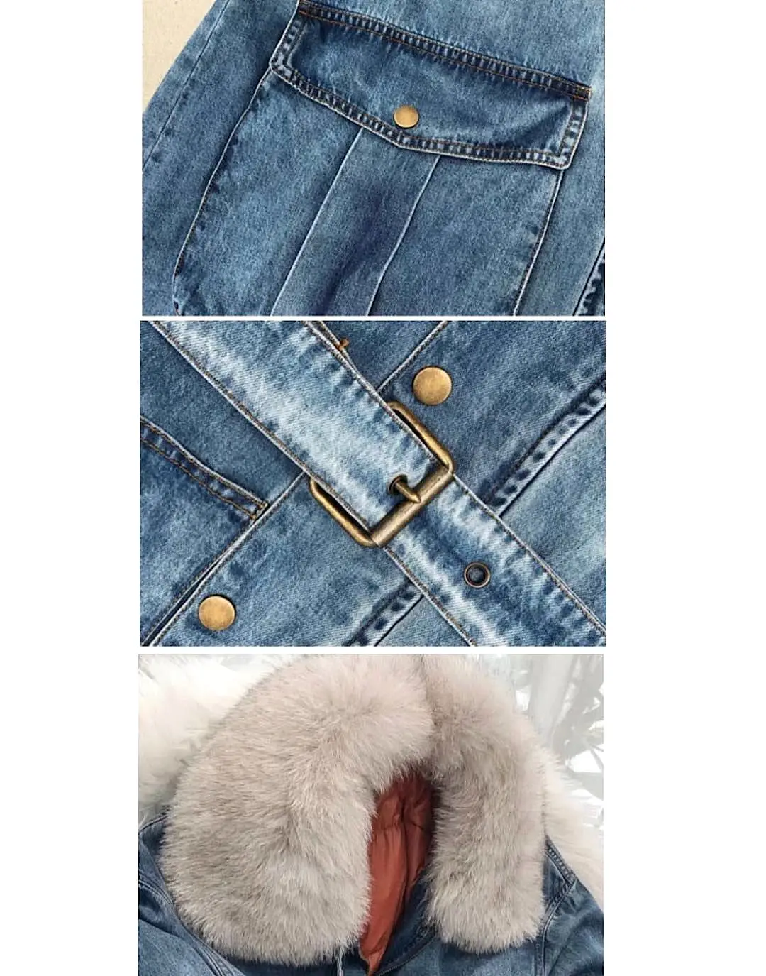 Goose Down Denim Coat With Fox Fur Trims