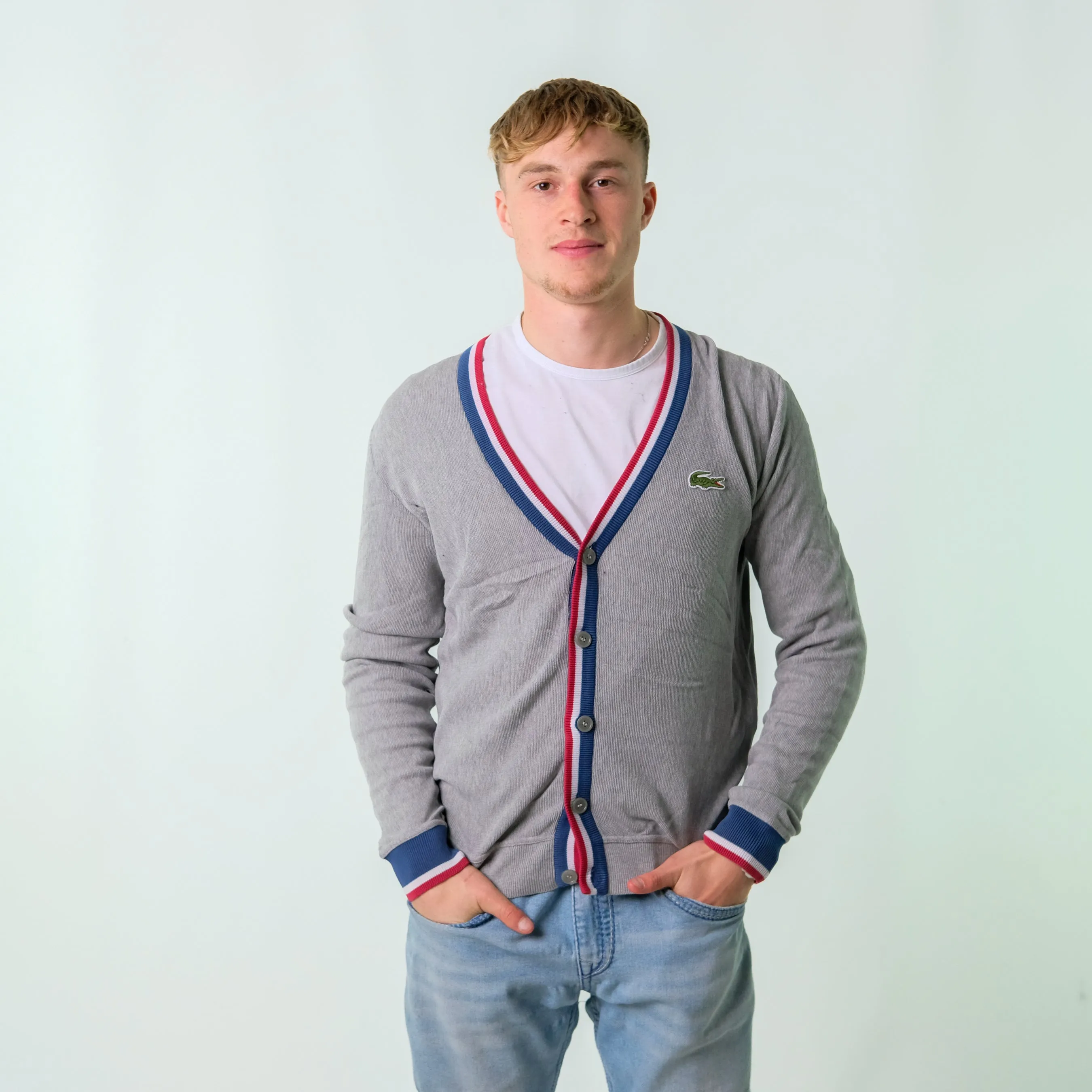 Grey y2ks Lacoste Button up ' Knit Sweatshirt (L)