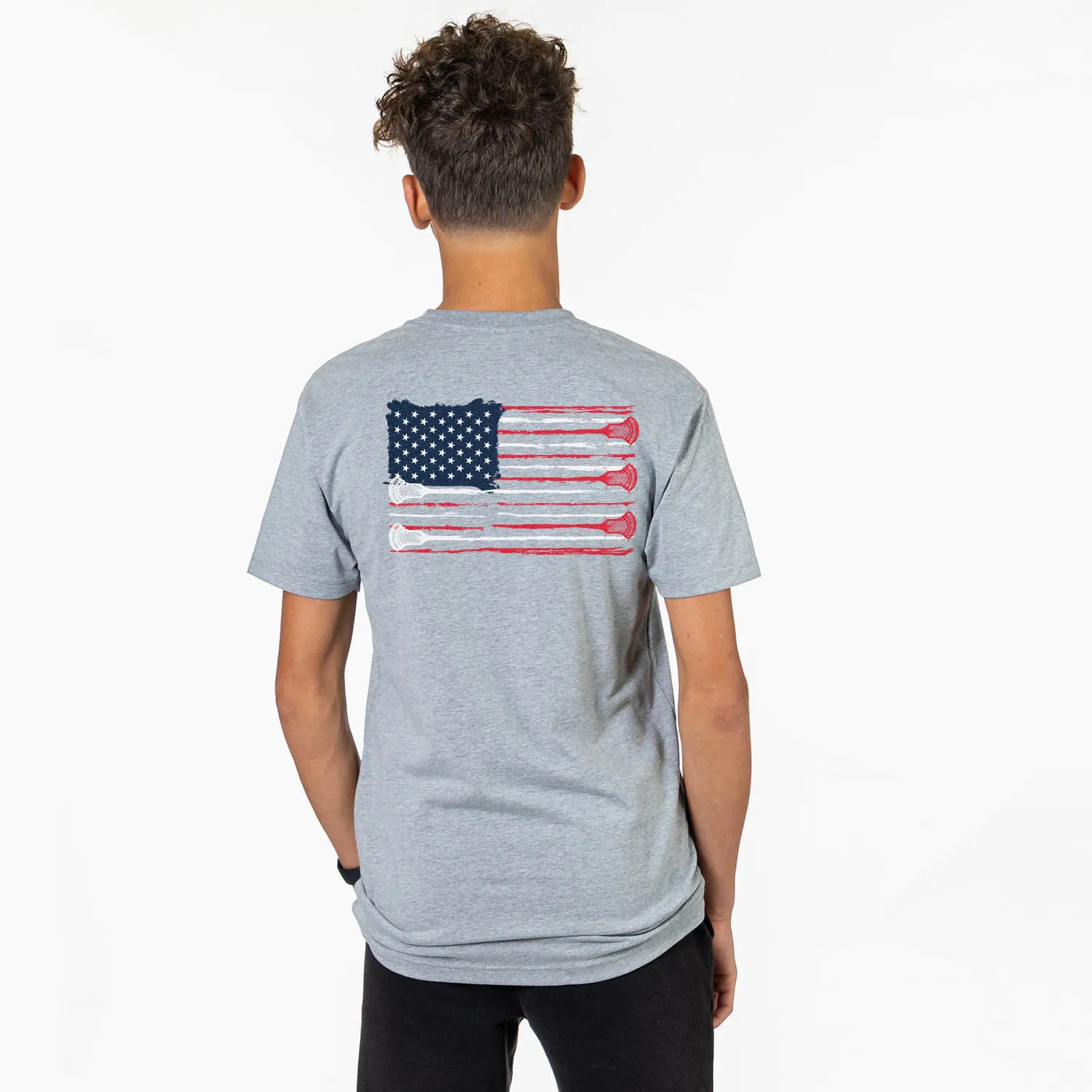 Guys Lacrosse Short Sleeve T-Shirt - American Flag (Back Design) 