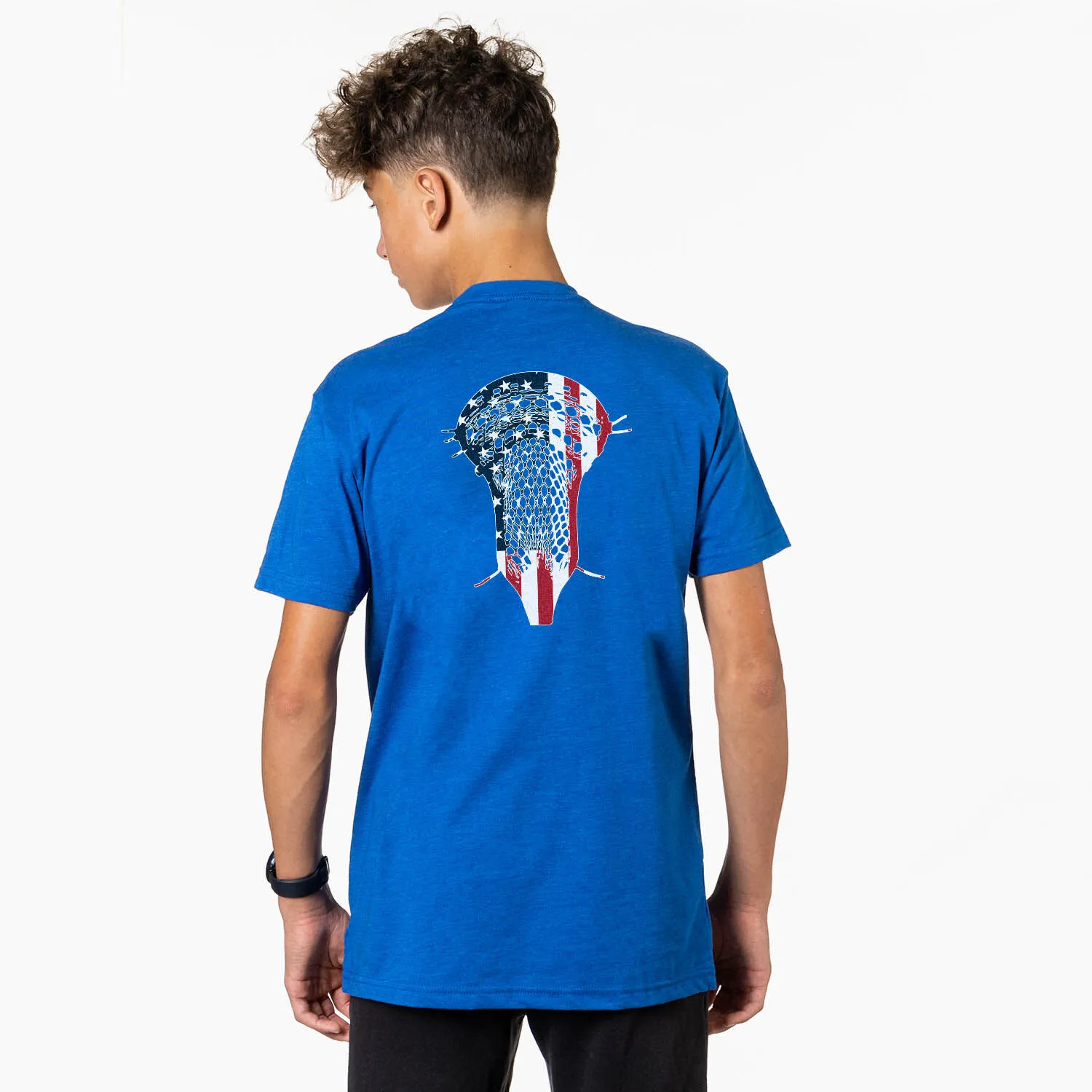 Guys Lacrosse Short Sleeve T-Shirt - Patriotic Stick (Back Design) 