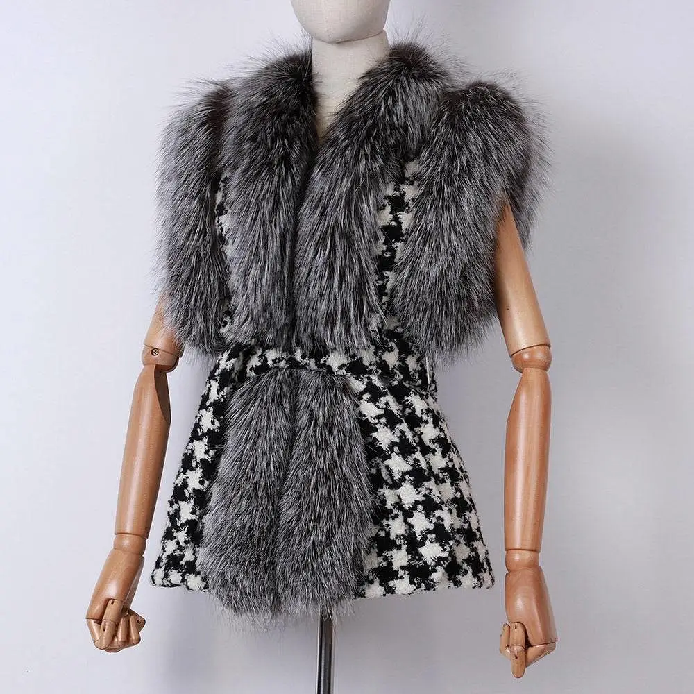 Houndstooth Fox Fur Trim Belted Wool Vest