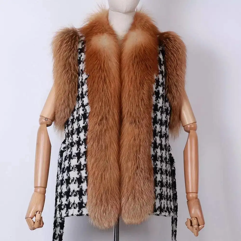 Houndstooth Fox Fur Trim Belted Wool Vest