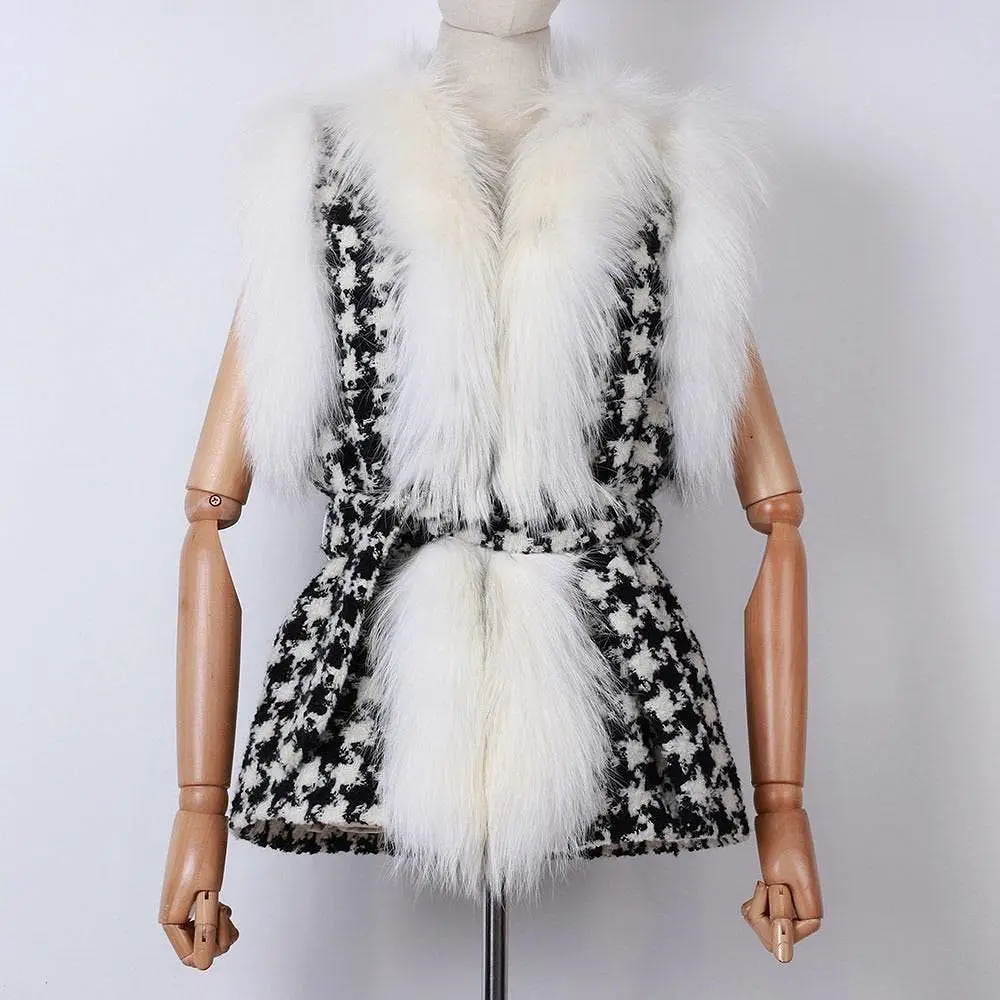 Houndstooth Fox Fur Trim Belted Wool Vest