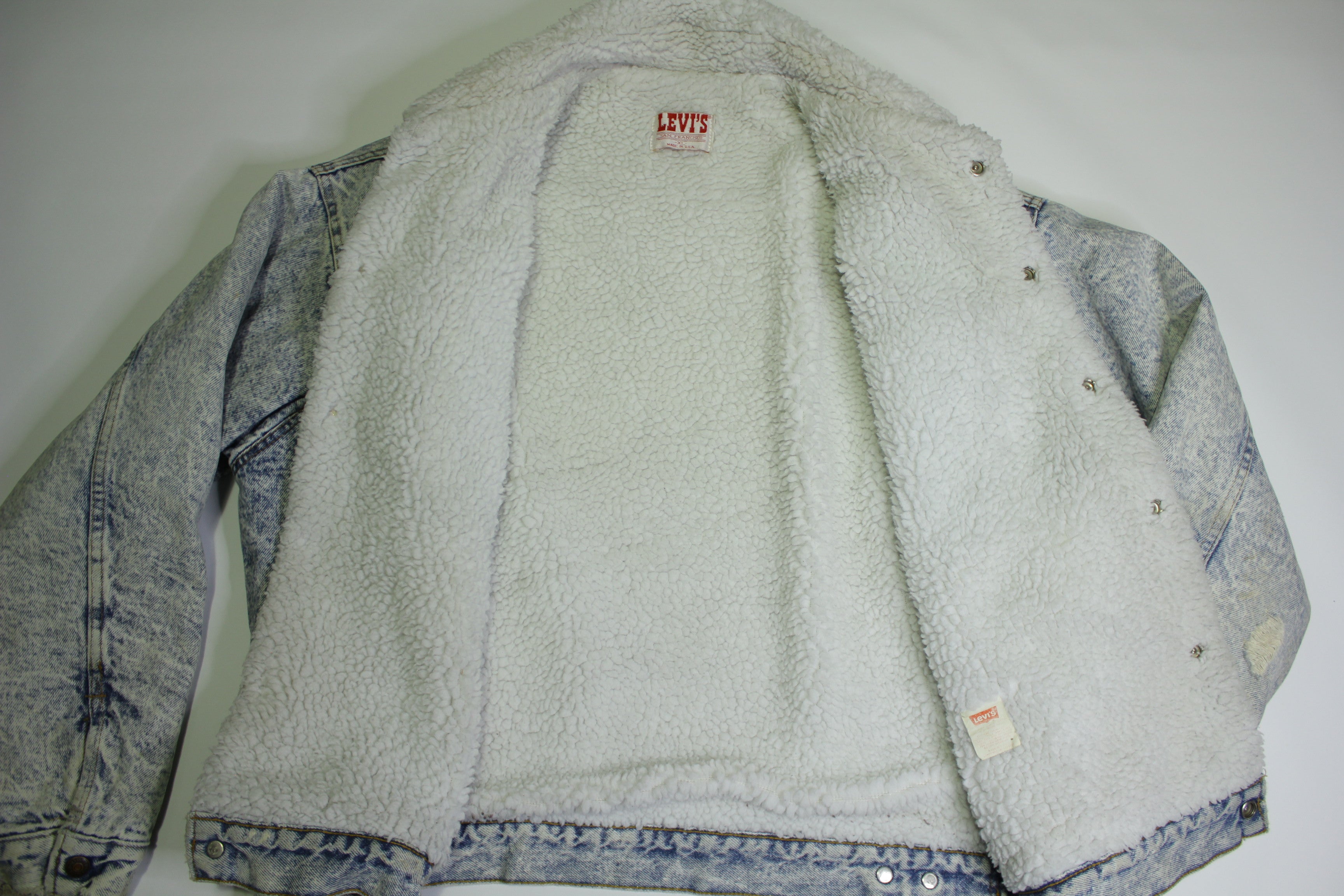 Levis San Francisco Sherpa Lined Acid Stone Washed 80's Denim Jean Jacket USA Made