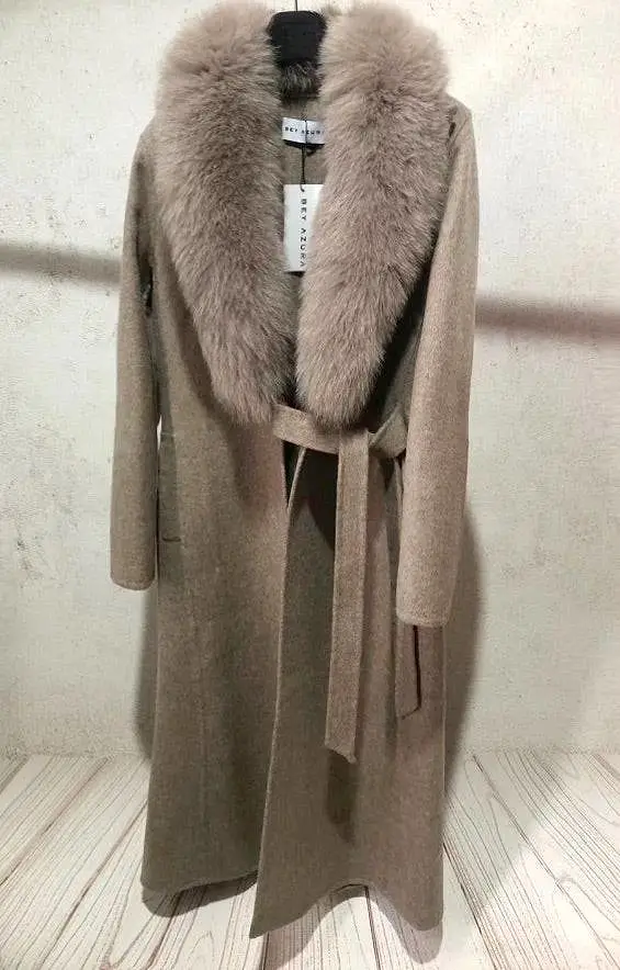 Long Wool Cashmere Coat With Removable Fox Fur Trims