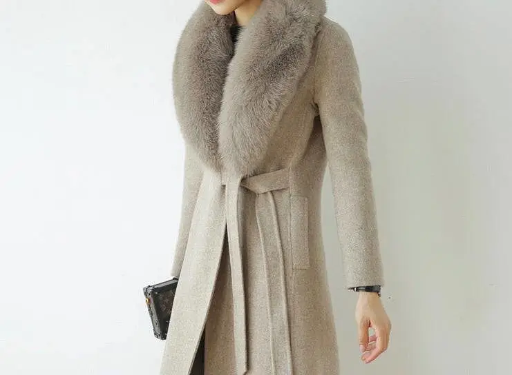 Long Wool Cashmere Coat With Removable Fox Fur Trims