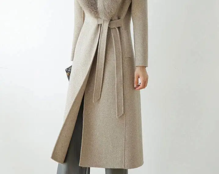 Long Wool Cashmere Coat With Removable Fox Fur Trims