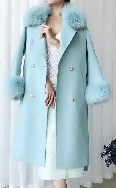 Lux Double Sided Cashmere Fox Fur Trim Midi Coat