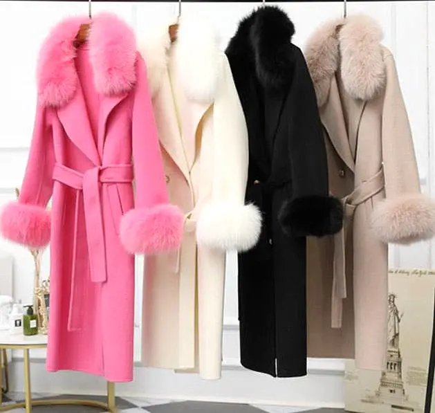 Lux Double Sided Cashmere Fox Fur Trim Midi Coat