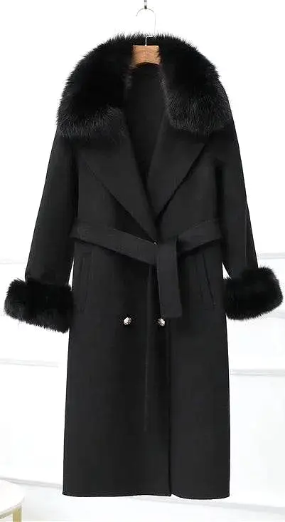 Lux Double Sided Cashmere Fox Fur Trim Midi Coat