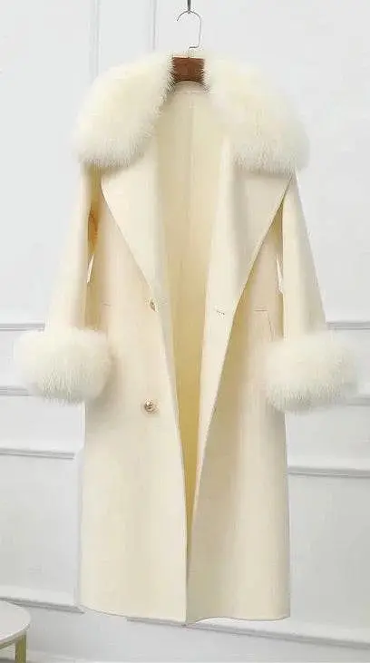 Lux Double Sided Cashmere Fox Fur Trim Midi Coat