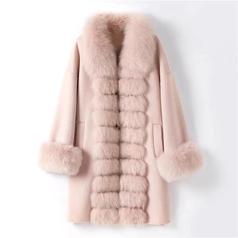 Luxury Wool Cashmere Coat With Fox Fur Trims