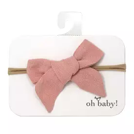 oh baby! School Girl Bow Linen Nylon Headband - Medium Bow - Peony