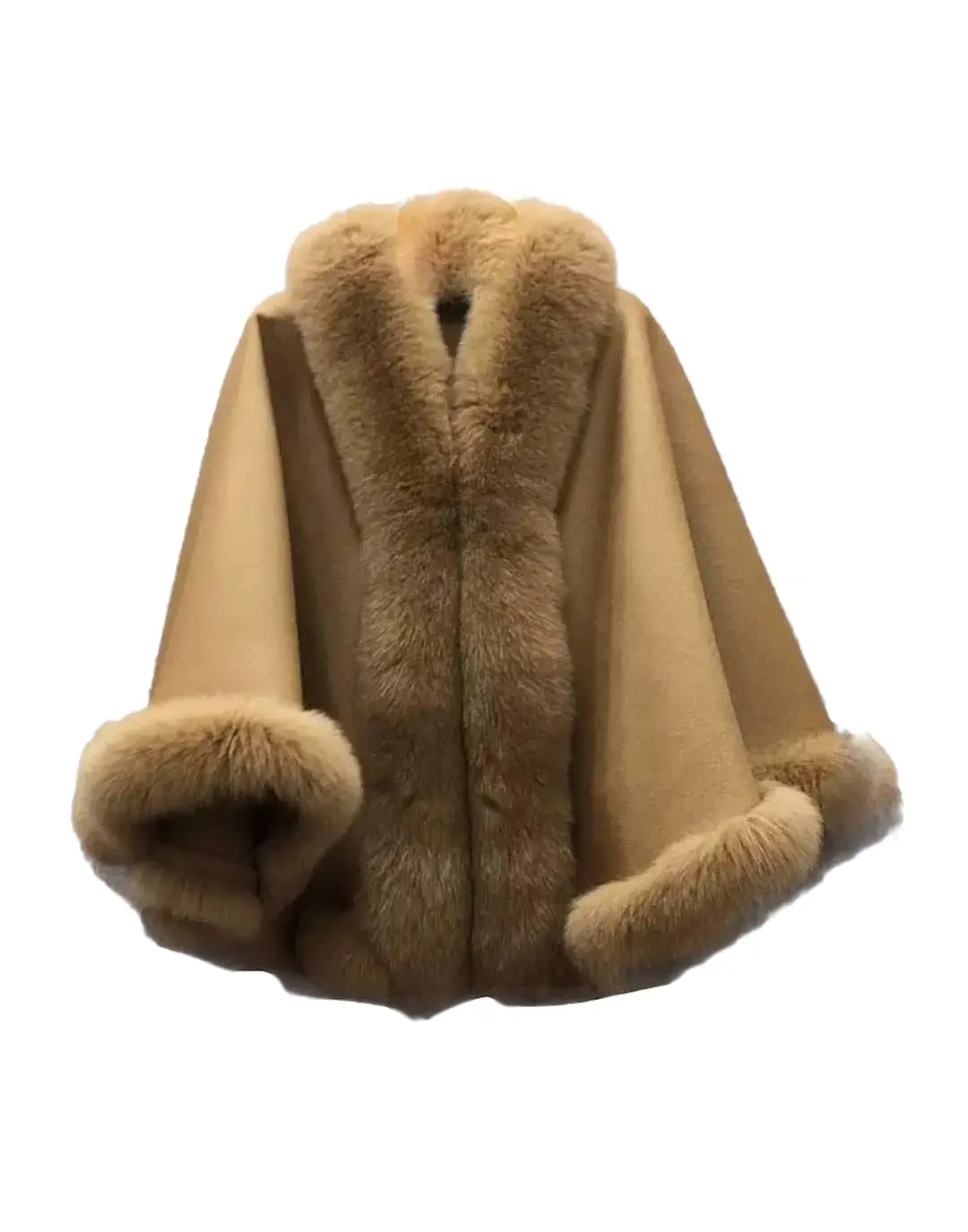 Oversized Wool Fox Fur Trim Poncho