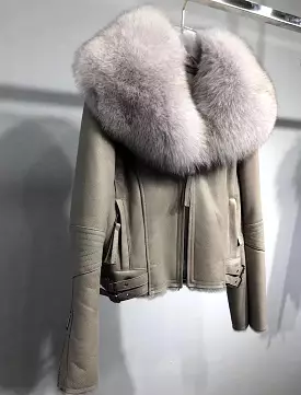 Shearling Sheepskin Fox Fur Collar Biker Jacket