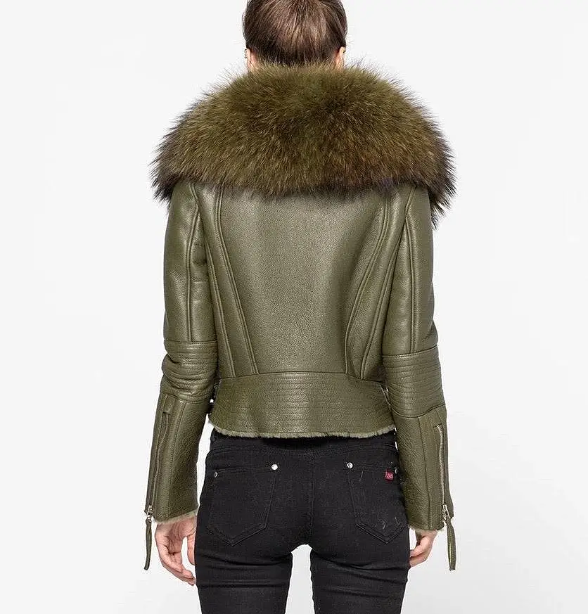 Shearling Sheepskin Fox Fur Collar Biker Jacket