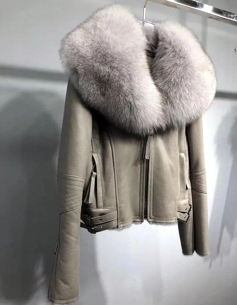 Shearling Sheepskin Fox Fur Collar Biker Jacket