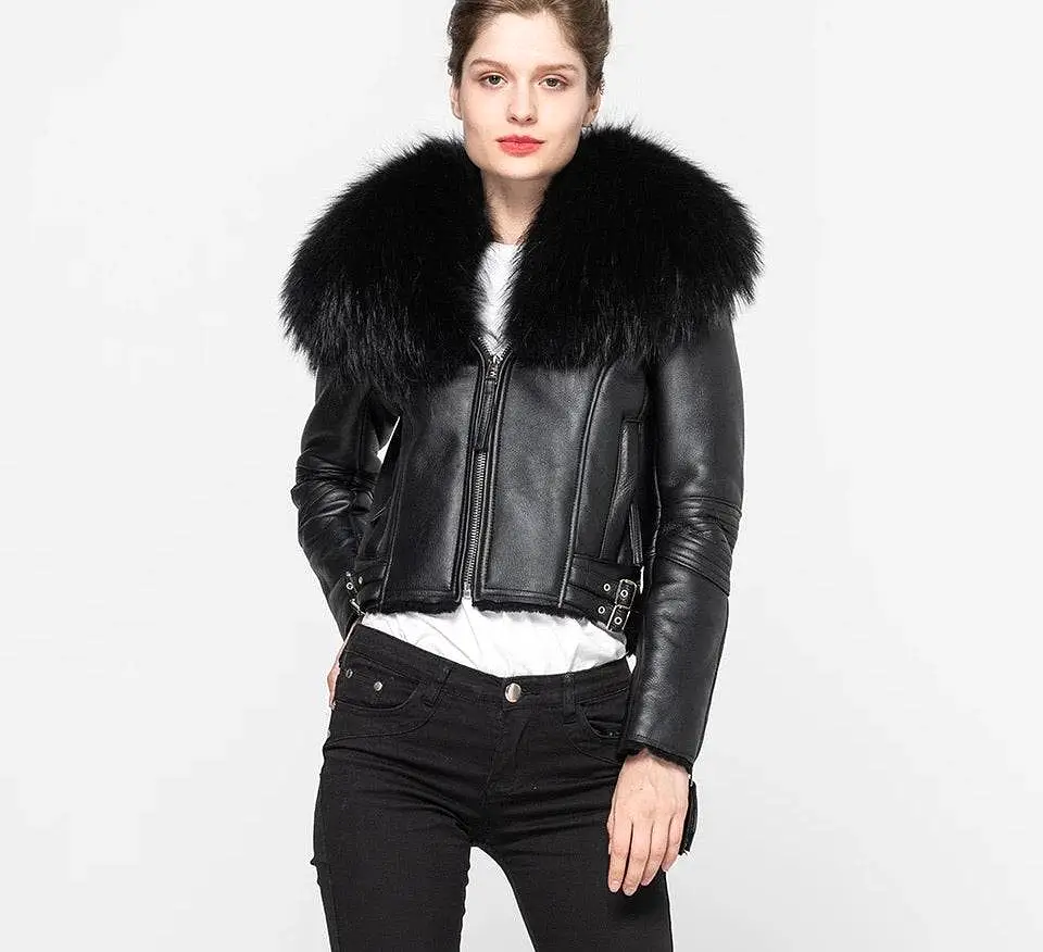 Shearling Sheepskin Fox Fur Collar Biker Jacket