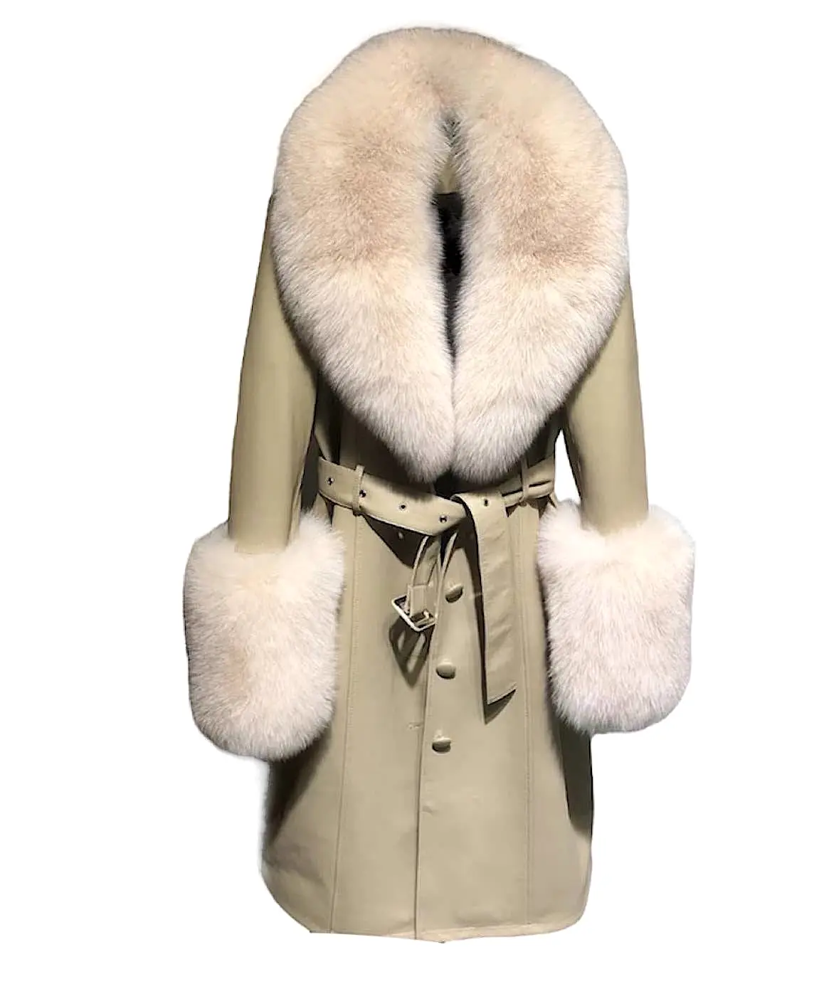 Sheep Skin Leather Long Coat With Fox Fur Collar and Sleeves