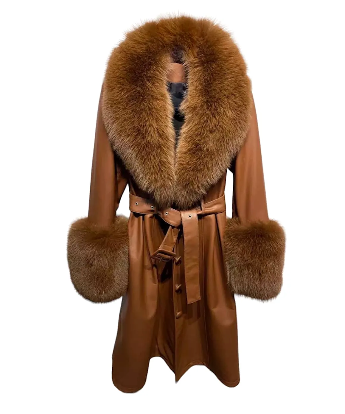 Sheep Skin Leather Long Coat With Fox Fur Collar and Sleeves