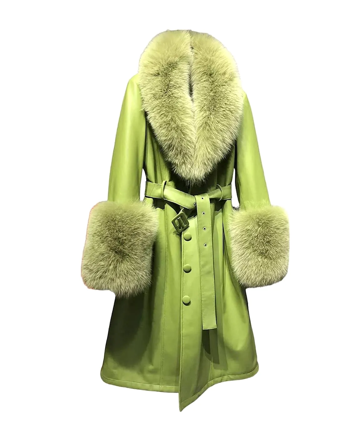 Sheep Skin Leather Long Coat With Fox Fur Collar and Sleeves