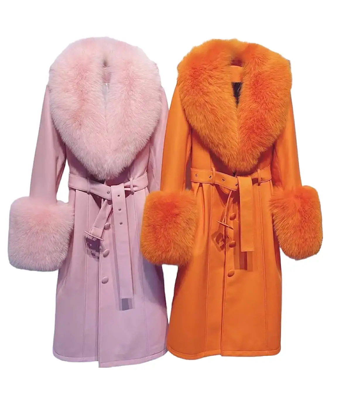 Sheep Skin Leather Long Coat With Fox Fur Collar and Sleeves