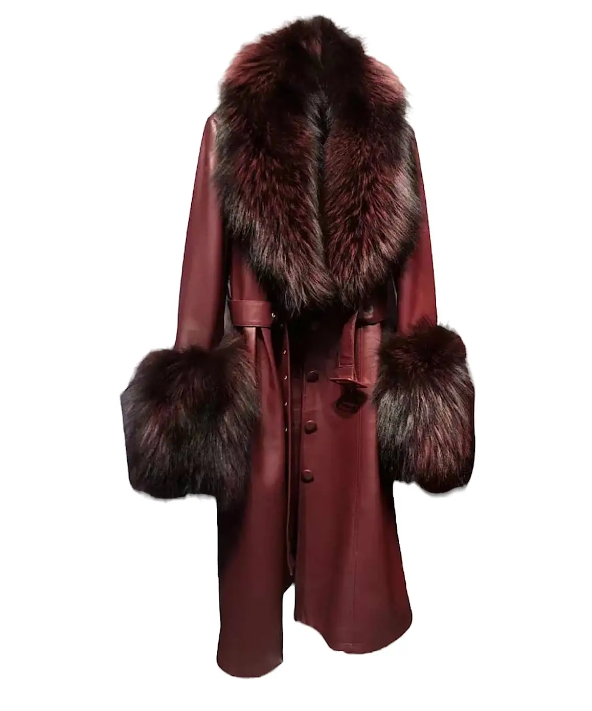 Sheep Skin Leather Long Coat With Fox Fur Collar and Sleeves