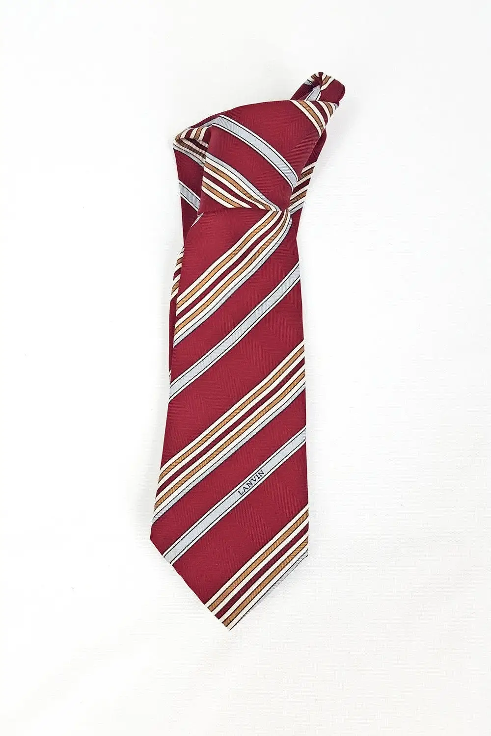 VINTAGE LANVIN 100% Silk Red Blue Brown Stripe Tie (57)