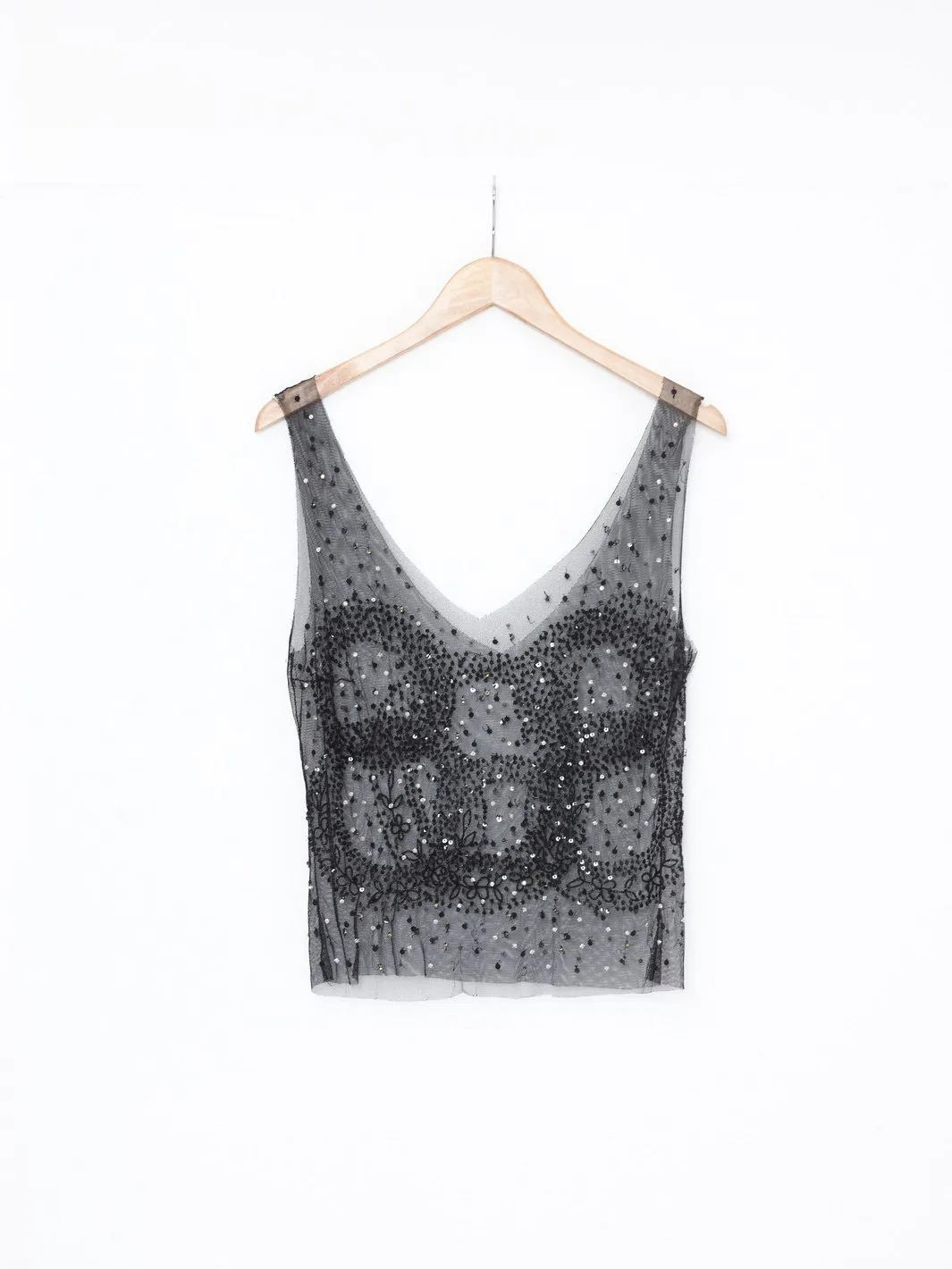 Y2K Krizia sheer black sleeveless top with beads and sequins